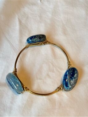 Golden Wire Bangle Bracelet with Blue Stone Accents